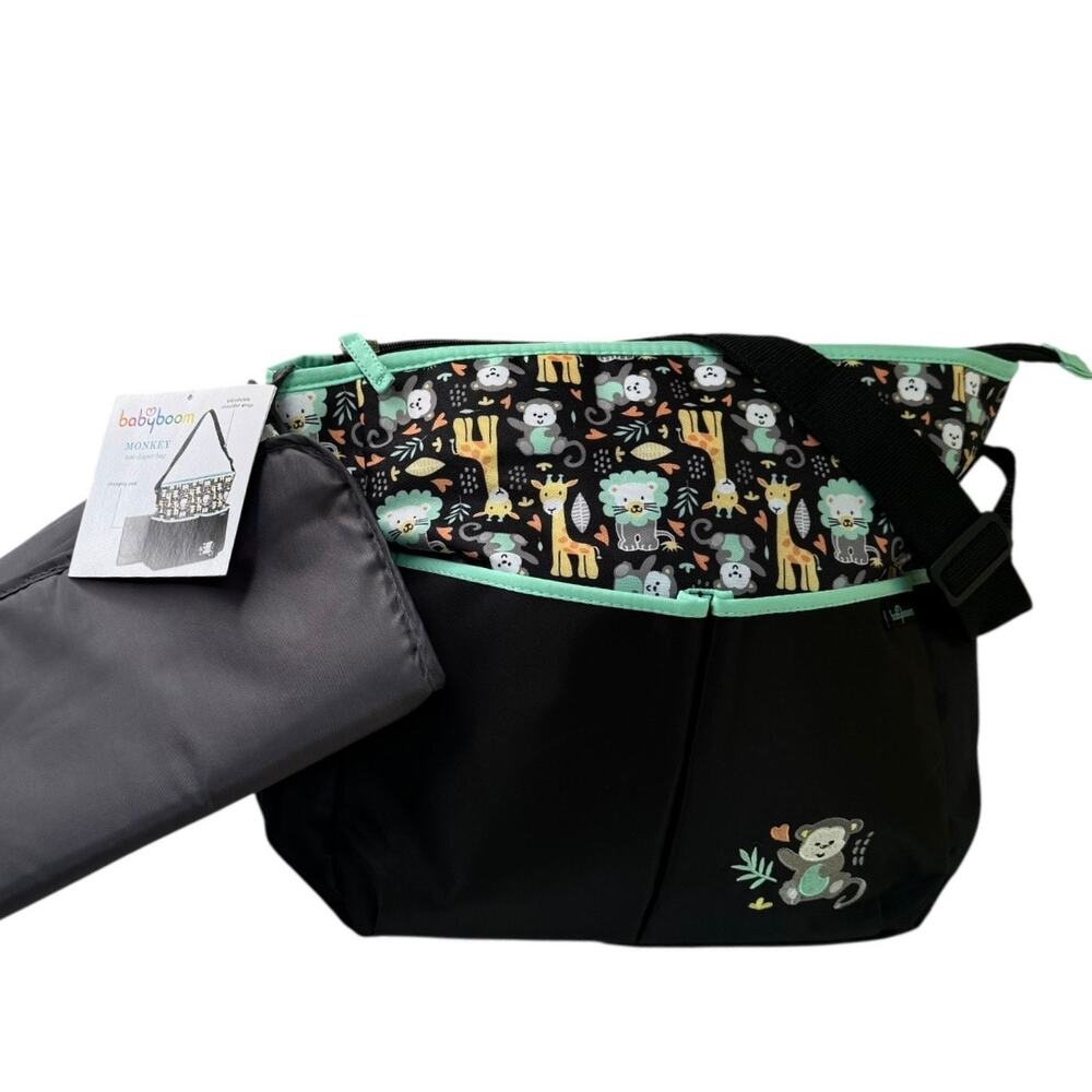 NEW Baby Boom Monkey Print DIAPER BAG TOTE Purse 16x12 + Baby Changing Pad Black